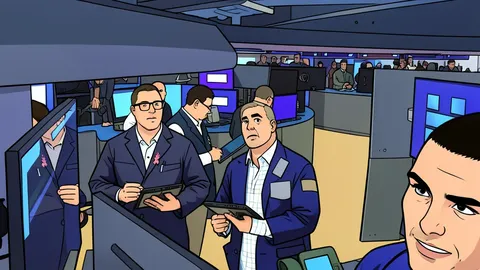 A flat vector illustration of a trading floor with rows of desks and monitors.