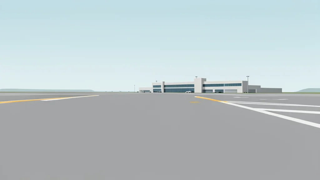 A wide expanse of grey airport tarmac stretching toward a distant terminal building under a hazy sky