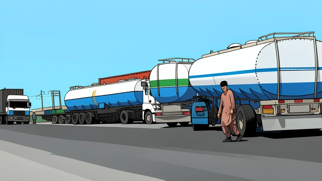 A long line of heavy-duty cargo trucks waiting at a dusty border crossing checkpoint