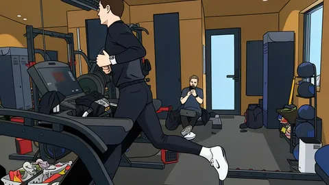 A treadmill situated in a vast, snowy landscape under a pale winter sky.
