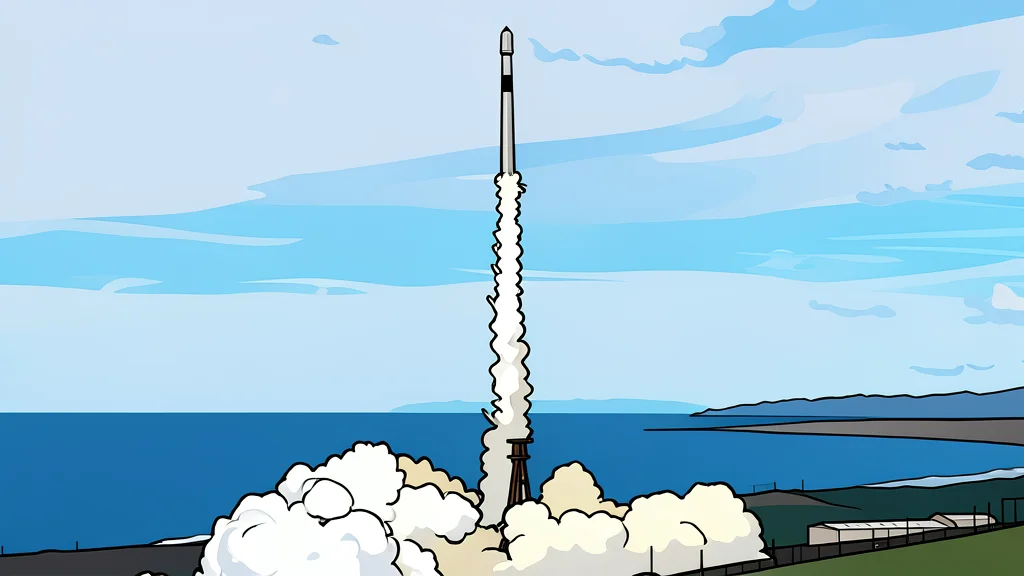 A flat vector illustration of a rocket standing vertically on a concrete launch pad surrounded by support towers.