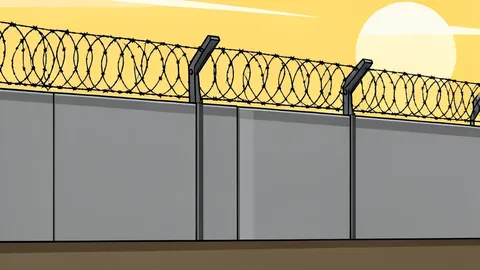 A barbed wire fence surrounding a concrete prison wall under a harsh sun