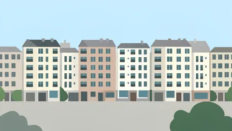 A row of multi-story apartment buildings in a dense urban neighborhood