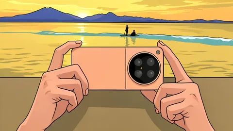 A sleek smartphone with a circular camera module and a cylindrical lens attachment.