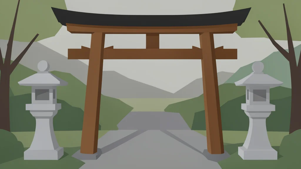 A traditional Japanese wooden gate and stone lanterns in a quiet garden