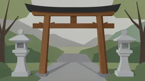 A traditional Japanese wooden gate and stone lanterns in a quiet garden