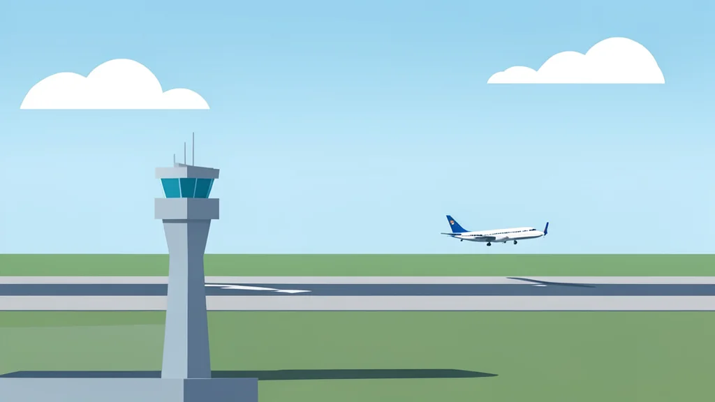 A flat-vector illustration of a control tower overlooking a runway with airplanes taking off and landing