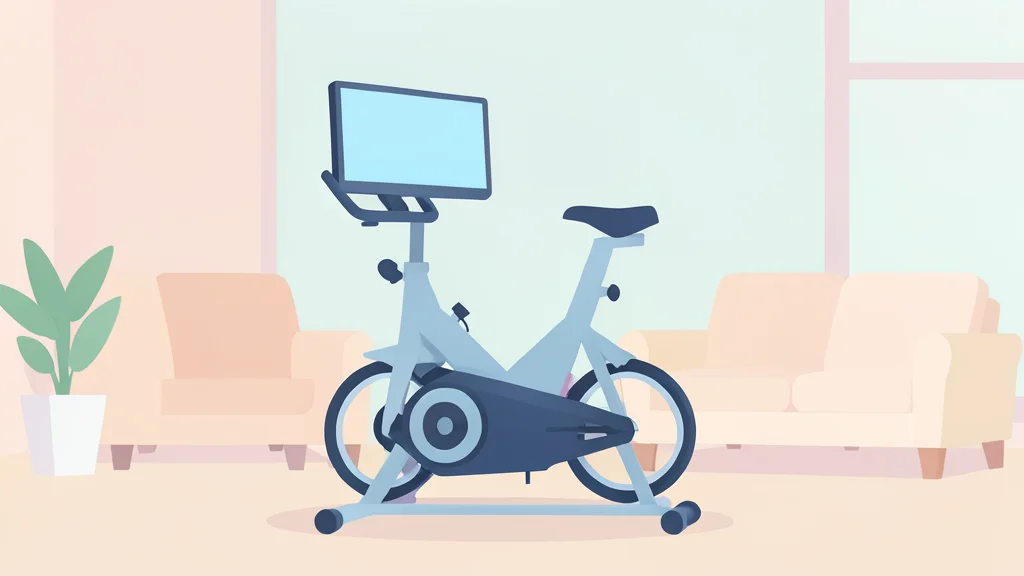A stationary exercise bike with a large rectangular screen attached to the handlebars, sitting in a bright living room