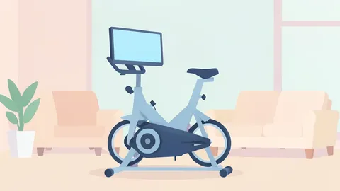 A stationary exercise bike with a large rectangular screen attached to the handlebars, sitting in a bright living room