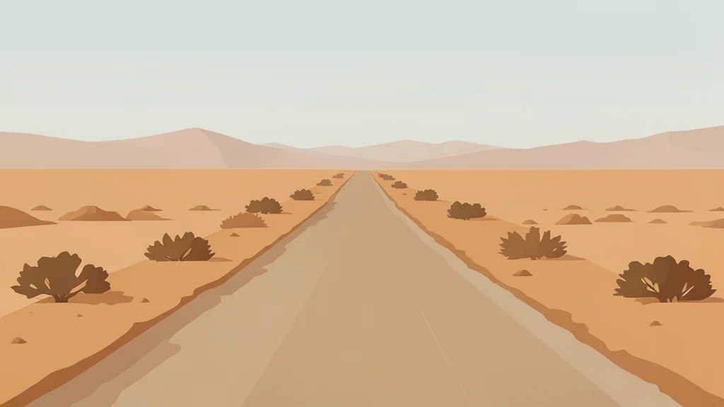 A dusty, unpaved road stretching through a dry, arid landscape under a hazy sky.