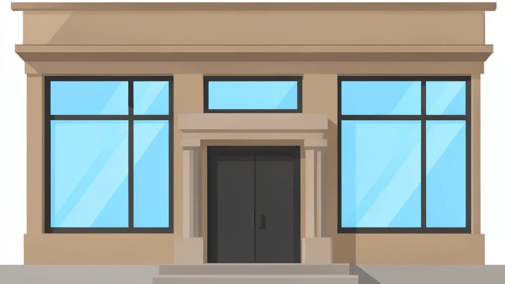 A traditional bank branch facade with large glass windows and a heavy stone entrance