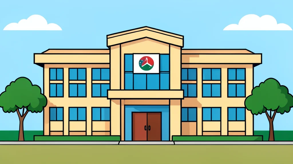 A flat-vector illustration of a modern political party headquarters building in Abuja, featuring clean lines and neutral colors, symbolizing institutional political activity without specific emblems or text.