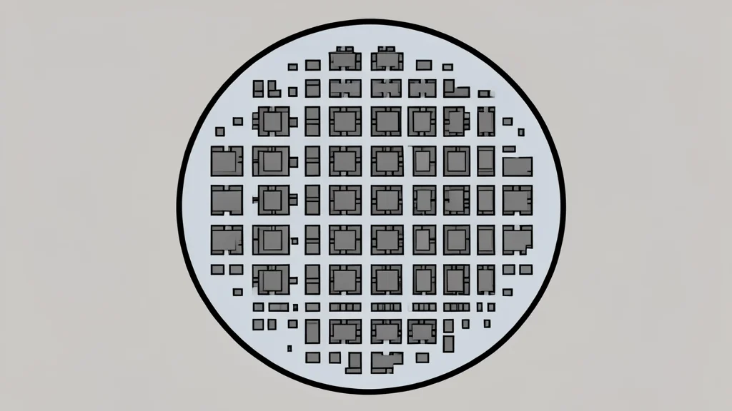 A silicon wafer with a grid of integrated circuits