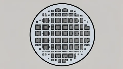 A silicon wafer with a grid of integrated circuits
