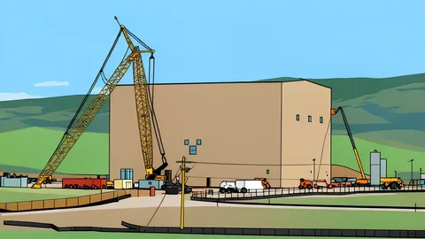 A large industrial construction site featuring heavy machinery and a steel framework structure.