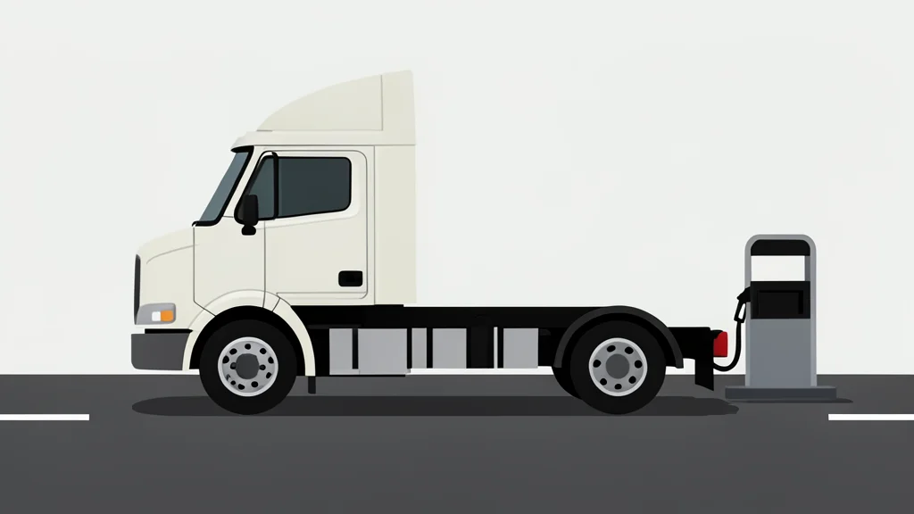 A semi-truck cab parked on an asphalt road next to a fuel pump nozzle