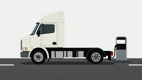 A semi-truck cab parked on an asphalt road next to a fuel pump nozzle