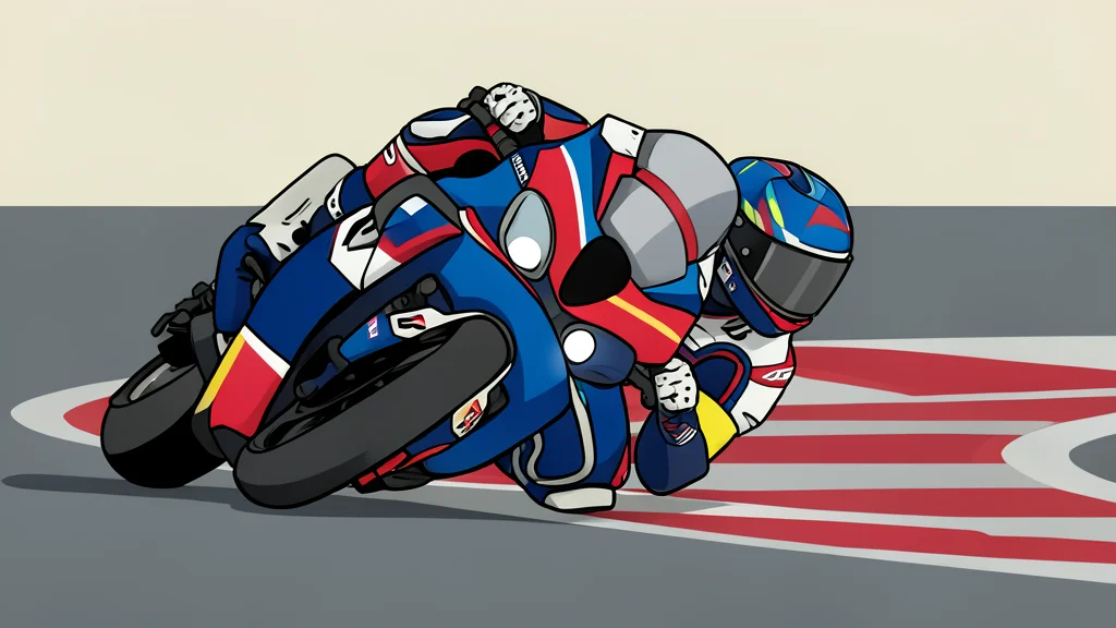 A flat-vector illustration of a motorcycle racing circuit with a long straight and a checkered flag waving in the background.