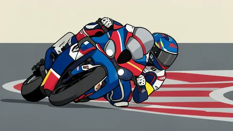 A flat-vector illustration of a motorcycle racing circuit with a long straight and a checkered flag waving in the background.
