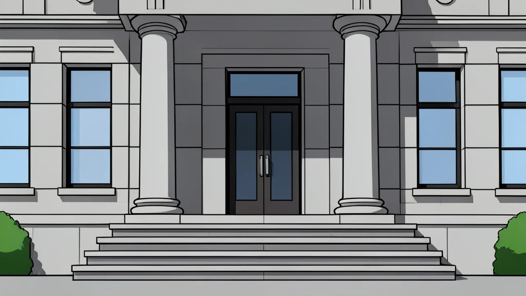 A flat-vector illustration of a stone courthouse exterior featuring tall columns and a set of wide steps leading to the entrance.