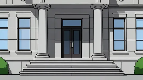 A flat-vector illustration of a stone courthouse exterior featuring tall columns and a set of wide steps leading to the entrance.