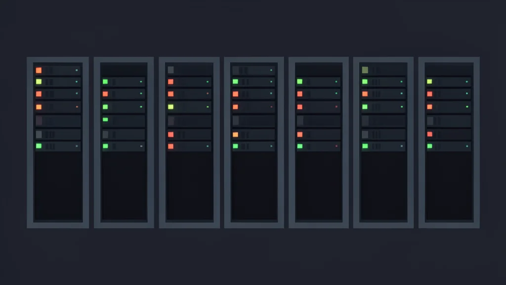 A row of industrial server racks with blinking status lights in a dark data center