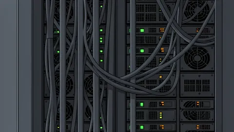 A server rack with blinking status lights