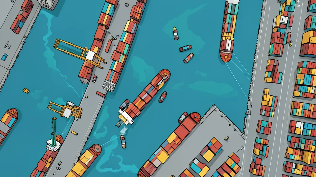 A schematic view of robotic arms coordinating container movement in a warehouse