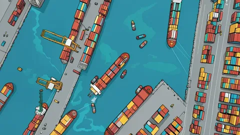 A schematic view of robotic arms coordinating container movement in a warehouse