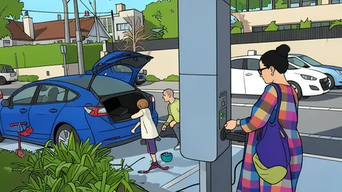 A flat vector illustration showing a row of electric vehicle charging stations installed along a city street curb with stylized trees and buildings in the background.