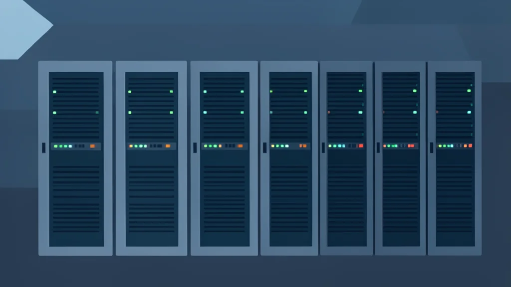 Row of industrial server racks with blinking status lights in a dark data center