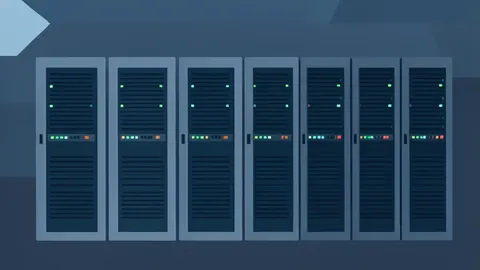 Row of industrial server racks with blinking status lights in a dark data center