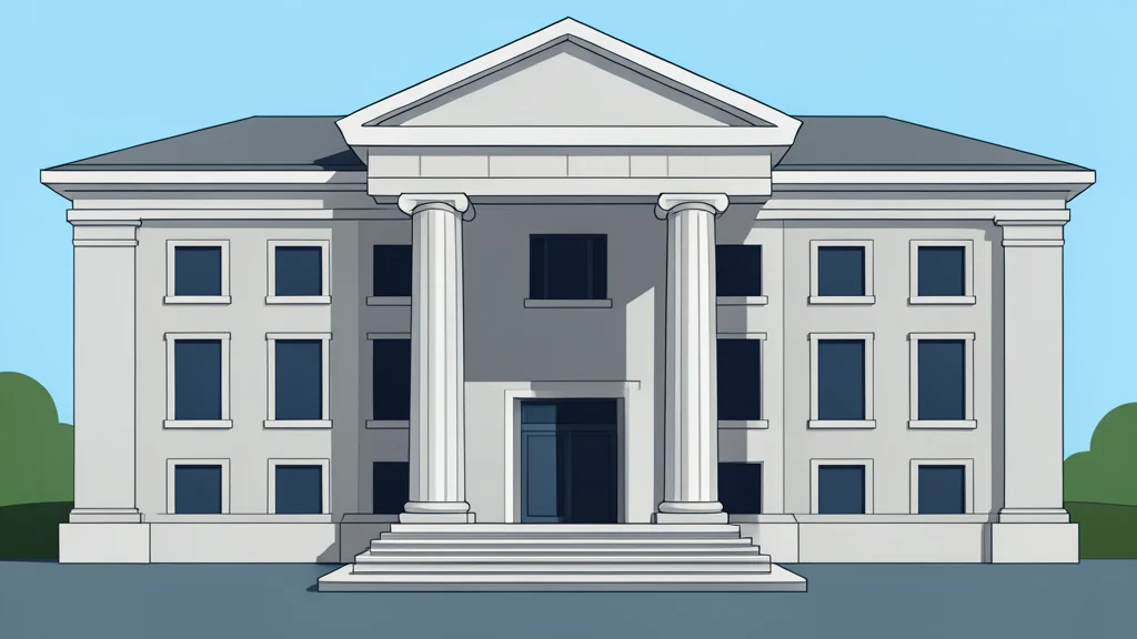 A minimalist vector illustration of a grand classical courthouse facade with prominent columns and a pediment, rendered in neutral stone tones against a plain background.
