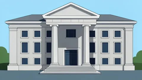 A minimalist vector illustration of a grand classical courthouse facade with prominent columns and a pediment, rendered in neutral stone tones against a plain background.