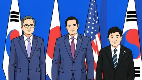 A diplomatic conference table with three microphones and nameplates, set against a backdrop of a large window overlooking a city skyline