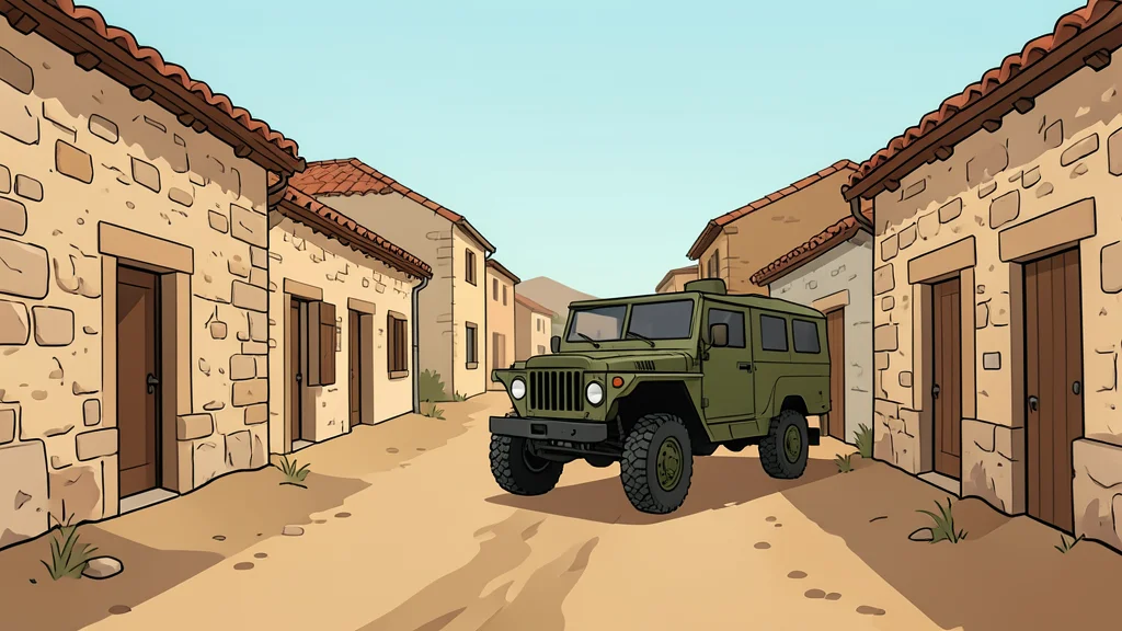 A dusty rural village street with stone houses and a military vehicle parked on the dirt road