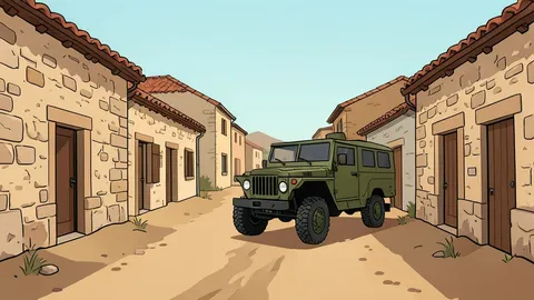 A dusty rural village street with stone houses and a military vehicle parked on the dirt road
