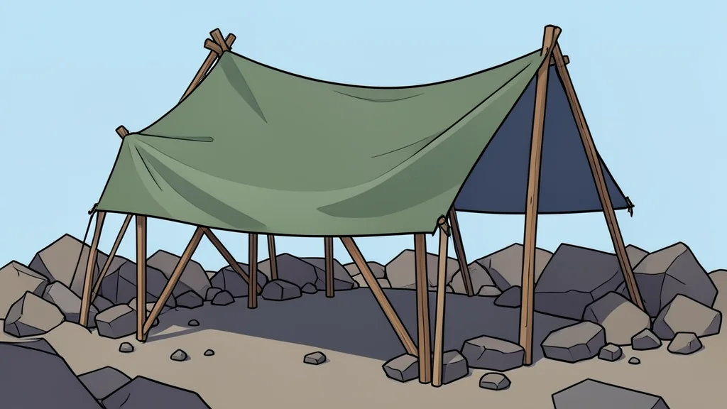 A makeshift classroom structure made of tarpaulins and wooden poles set against a backdrop of rubble