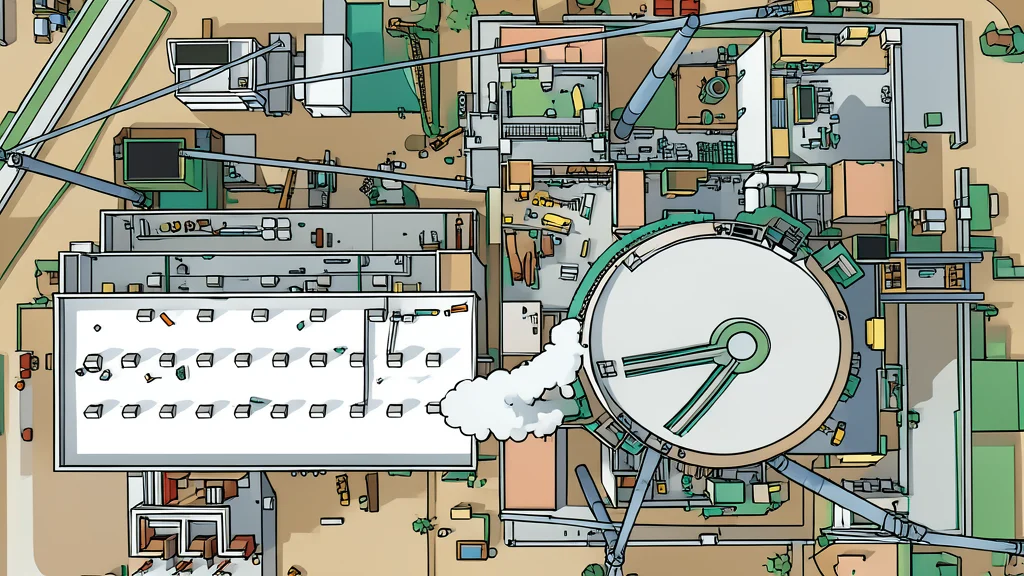 A large industrial nuclear reactor containment building with cooling towers