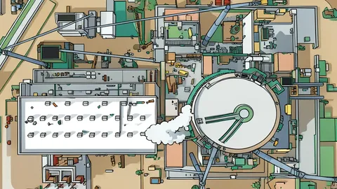A large industrial nuclear reactor containment building with cooling towers