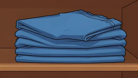 A clothing rack filled with folded shirts and jeans in a retail store