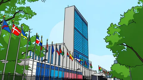 A flat-vector illustration of a modern glass conference building with a flagpole, surrounded by abstract geometric shapes representing global connectivity.