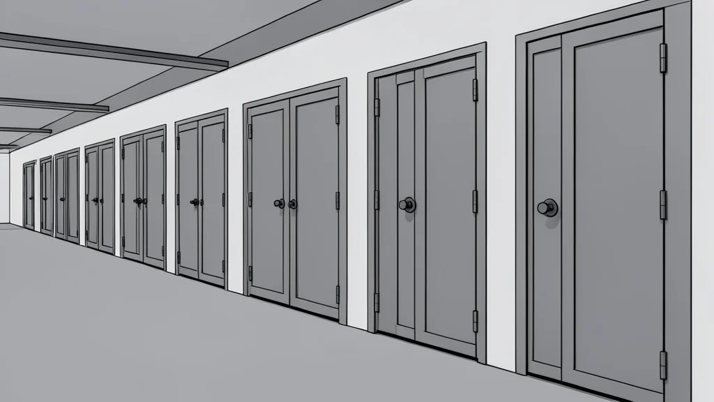 A long corridor with a row of closed, heavy metal doors in a detention facility.