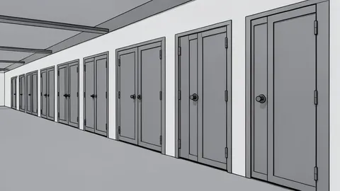 A long corridor with a row of closed, heavy metal doors in a detention facility.
