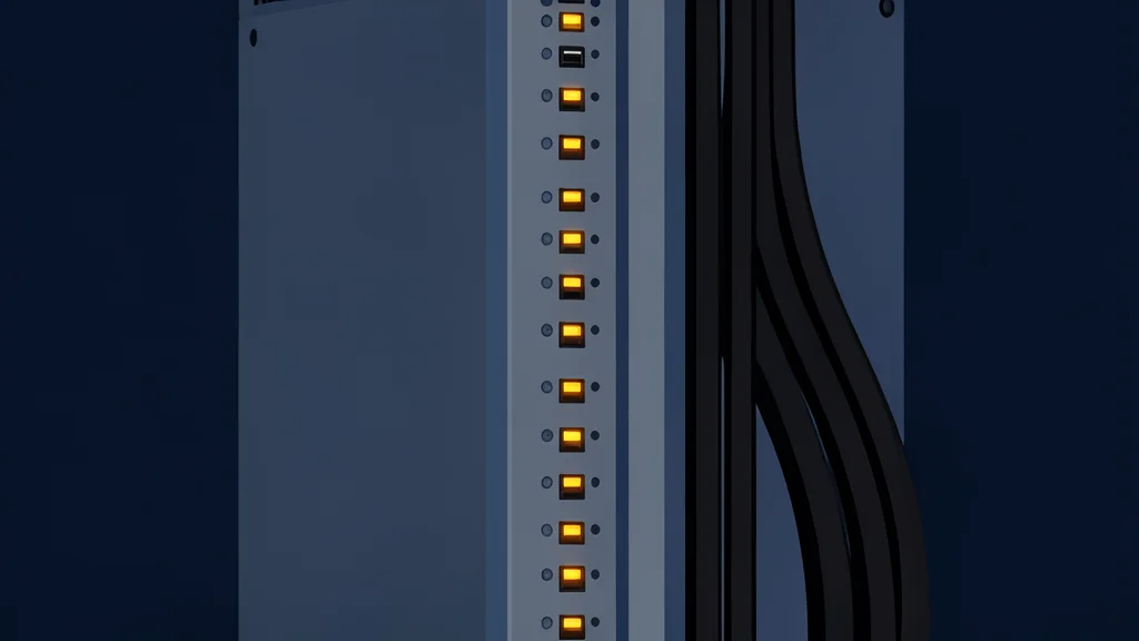 A flat vector illustration of a server rack in a data center with a pause symbol overlay