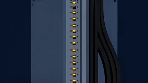 A flat vector illustration of a server rack in a data center with a pause symbol overlay