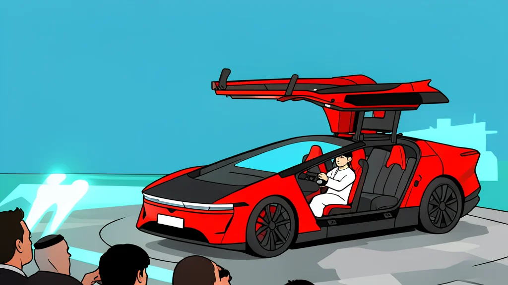 A futuristic electric sedan with gullwing doors open upward, parked on a desert landscape