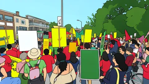 A flat vector illustration of a large crowd marching down a city street holding blank banners.