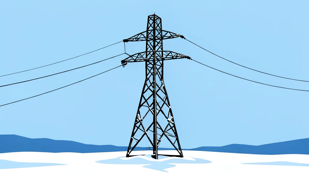 A damaged high-voltage electricity pylon standing isolated in a snowy field