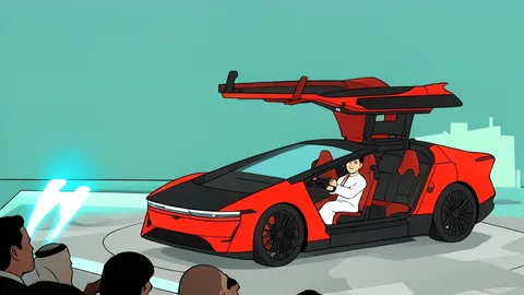 A futuristic electric sedan with gullwing doors open in a desert landscape
